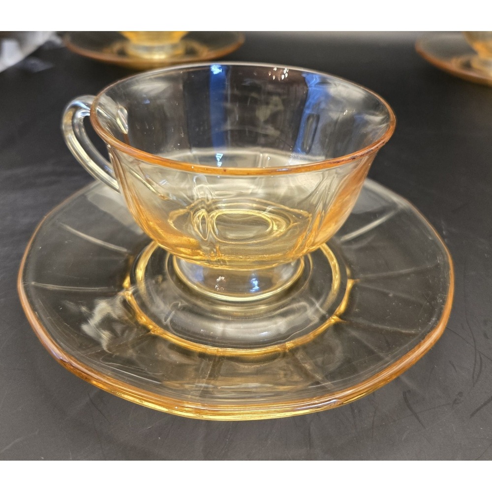 Yellow Depression Glass Vintage Fostoria "Fairfax" Includes 6 Cups And 4 Saucers - Picture 9 of 9